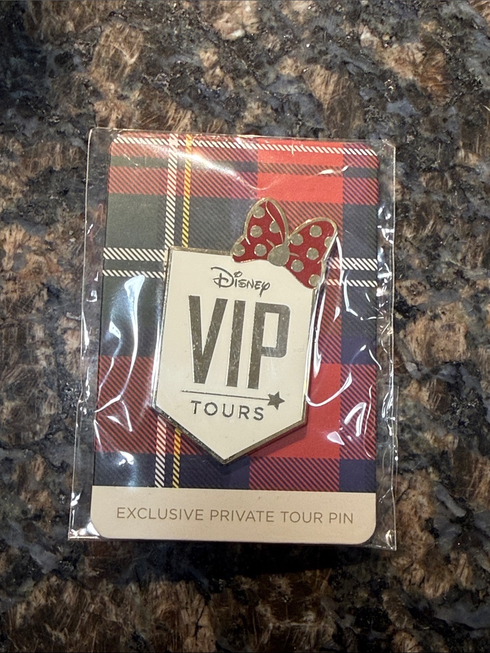 Disney VIP Tours Enamel Pin with Red Polka Dot Bow and Gold Accents